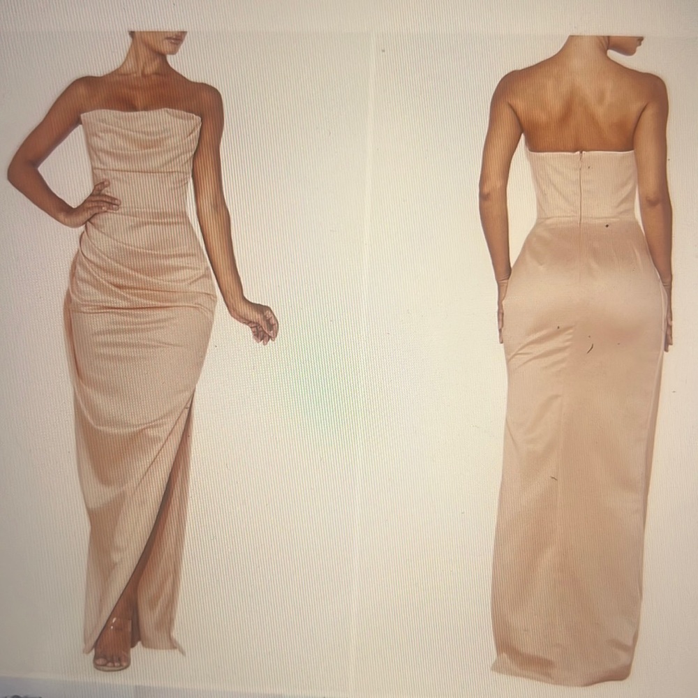 Adrienne Satin Strapless Gown HOUSE OF CB, blush, size medium
